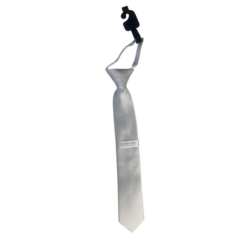 Luther Pike Zipper Pre Tied Satin Look Tie Boys White New Wedding